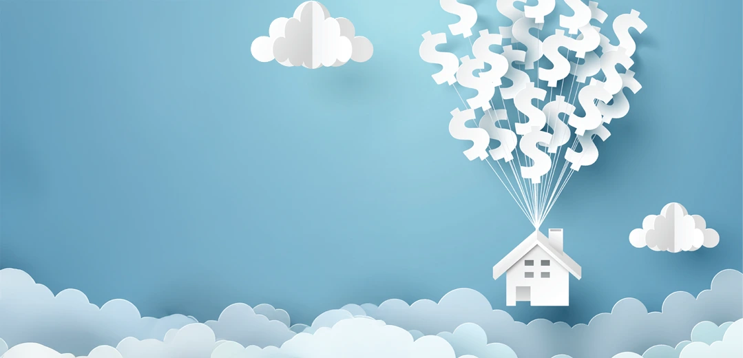 Graphic of a house being lifted above the clouds by dollar sign shaped balloons